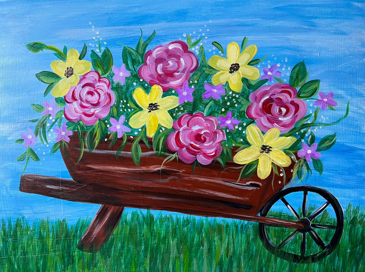 Canvas painting of a brown single wheeled wheelbarrow holding pink and yellow flowers.