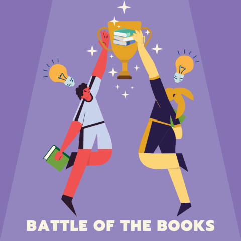 A boy and a girl reaching up for a trophy with books in their hands.