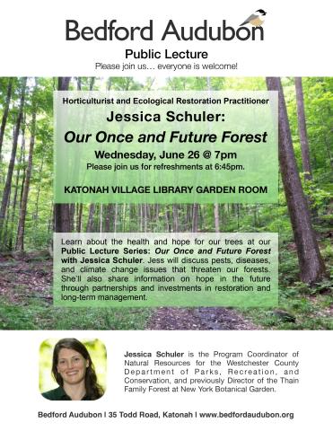 Public Lecture Series: Our Once and Future Forest with Jessica Schuler. Jessica Schuler is the Program Coordinator of Natural Resources for the Westchester County Department of Parks, Recreation, and Conservation, and previously Director of the Thain Family Forest at New York Botanical Garden. 