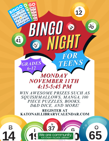 Bingo Night for Teens, Grades 6-12. Monday November 11th 4:14-5:45 PM. Win awesome prizes such as Squishmallows, manga, 100 piece puzzles, books,  D&D Dice, and more! 