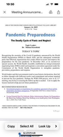   Pandemic Preparedness The Deadly Cycle of Panic and Neglect  Topic Leader:  Dr. Michael Kornfield   Recognizing the enormity of the Covid-19 pandemic announced by the World Health Organization (WHO) in March 2020, and the subsequent worldwide panic that followed, organizations have made efforts to review and improve the preparedness for the next pandemic. 