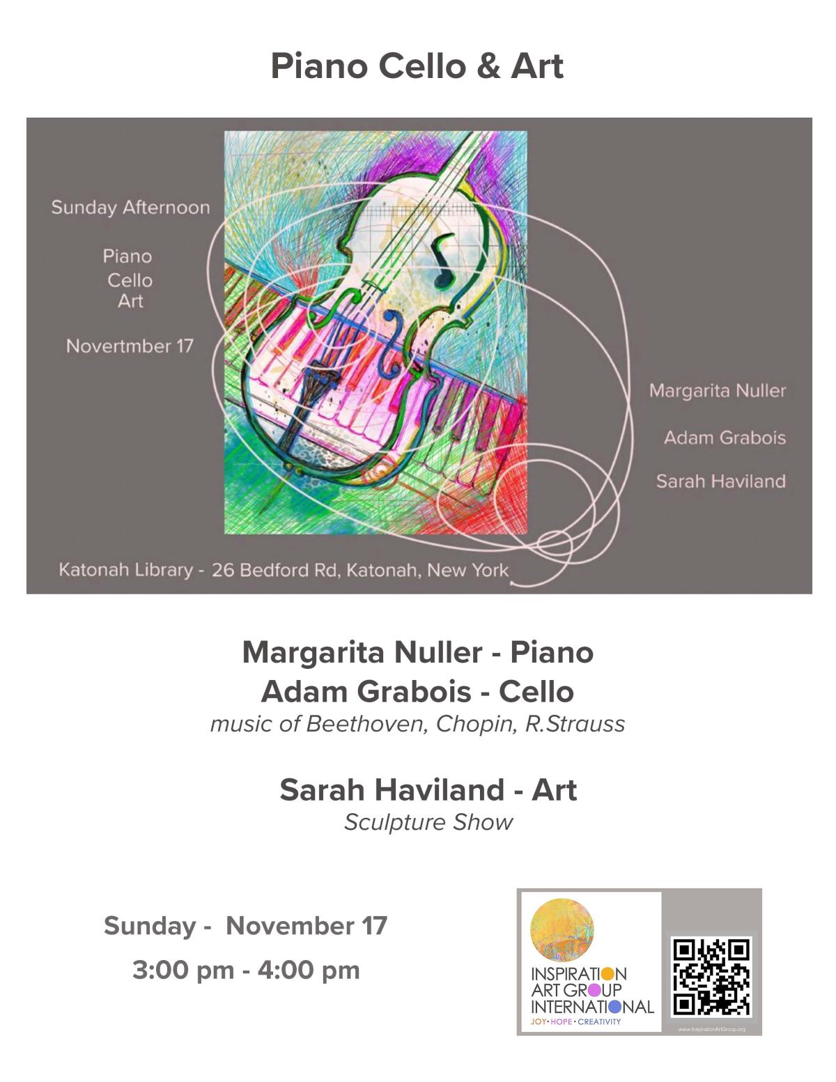 Join us for piano & cello concert.  Sculpture on display upstairs.