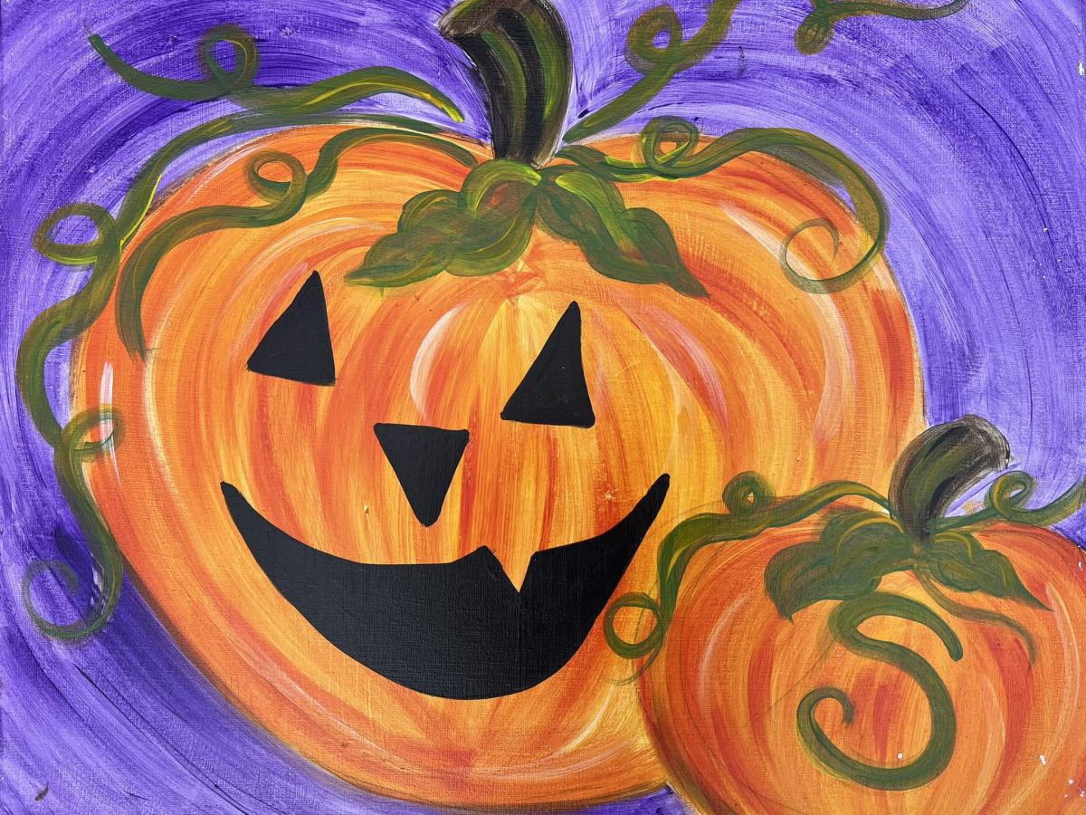 canvas painting of a jack-o-lantern and a smaller pumpkin with a purple background